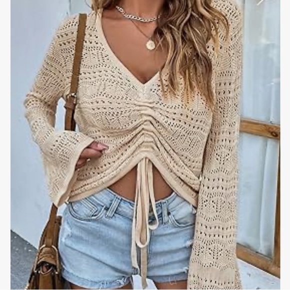 Loose Knit Drawstring Long Bell Sleeve Pullover, Size XL, NWT - Picture 2 of 10